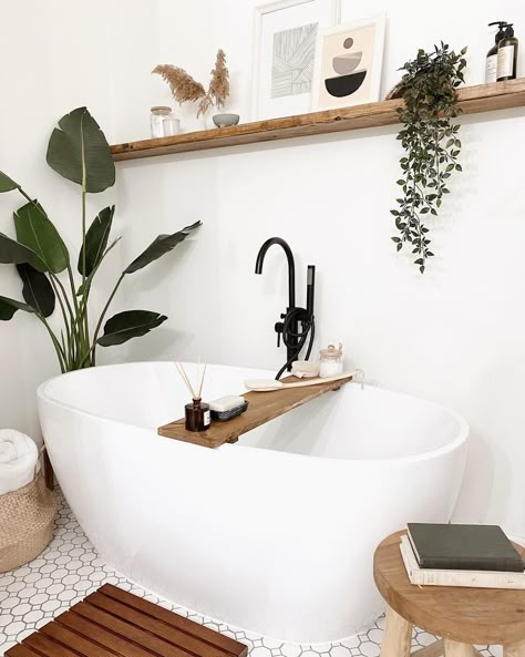 Long Floating Shelf, Bathtub Shelf, Long Floating Shelves, Bathroom Shelf Decor, Bathtub Decor, Floating Shelves Bathroom, Aesthetic Bathroom, Bathroom Plants, Bathroom Design Decor