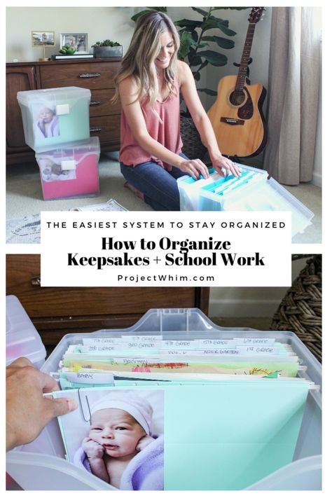 An Easy storage solution for organizing kids keepsakes and school work.  The Best way to store memorable Kids items.  Tips and Trips for organizing and storing kids important items.  How to organize keepsakes and important school work by child.  Storage Ideas for Kids.  #organization #schoolwork #keepsakes #storagesolutions #storageideas #organizationideas Kids Work Storage, Child Artwork Storage, Kids School Keepsake Storage, School Project Storage Ideas, Storing School Work, School Work Storage Ideas, Kids School Memory Storage, Keepsake Storage Ideas How To Organize, Children Keepsake Storage