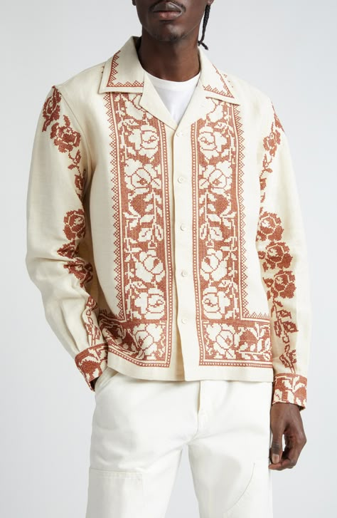 embroidery ideas Shirt Pattern For Men Long Sleeve, Lace Mens Shirt, Patterned Long Sleeve Shirt, Cross Stitch Jacket, Cross Stitching Ideas, Cross Stitch Clothes, Mens Fashion 70s, White Shirt Design, Linen Menswear