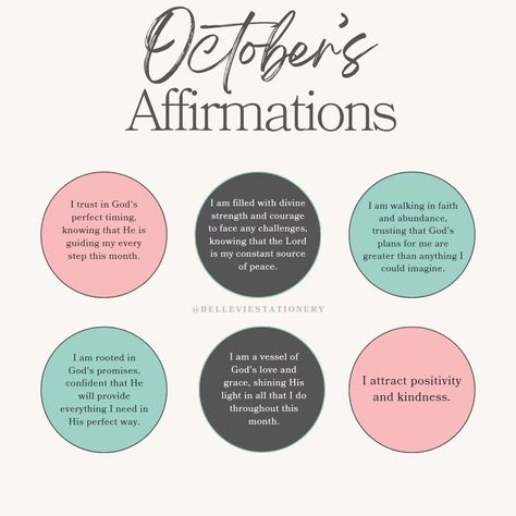 Happy October! It's Fall y'all. 🍂 🍁 Can you believe we are already in the last quarter of the year! As you begin this new month, declare these affirmations over yourself, calling those things that be not as though they are.(Romans 4:17). Remember, we only speak 🗣️ those things we want to see happen in our lives!🩷 #monthlyaffirmation #positiveaffirmations❤️ #speaklifeoctober #bibleverseofday #belleviestationery #fypシ❤️💞❤️ Romans 4, Happy October, Speak Life, Perfect Timing, New Month, Gods Promises, It's Fall, Greater Than, Trust God