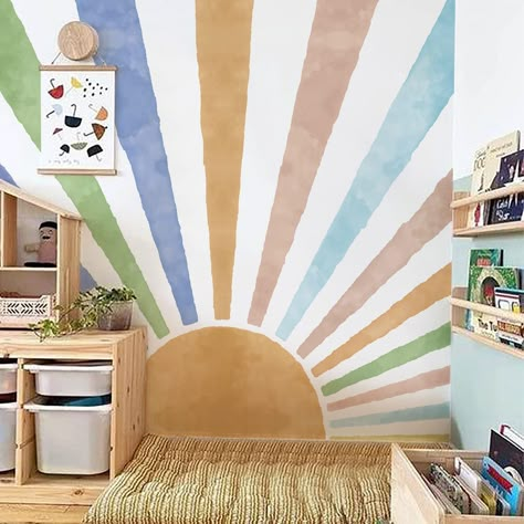 Fabric Large Boho Rising Sun Wall Mural Peel and Stick, Watercolor Sun Rays Wall Sticker Decals Vintage, Rainbow Sunshine Wall Art Decor for Kids Room Playroom Nursery Bedroom, 94.49" x 98.43" Half Sun Wallpaper, Kids Room Rainbow, Pastel Sunrise, Playroom Mural, Rainbow Wall Mural, Rainbow Mural, Boho Rainbow Wall, Sun Wallpaper, Half Sun