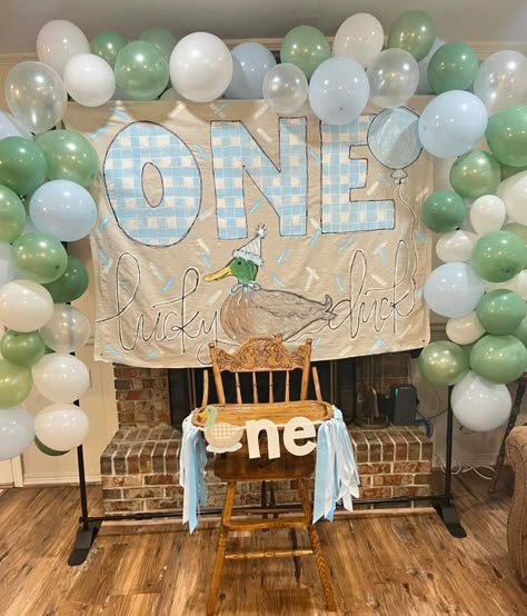 One Lucky Duck Backdrop, Mallard First Birthday Party Boy, One Lucky Duck Birthday Party Mallard Cake, One Lucky Duck First Birthday Party, Mallard Duck 1st Birthday, 1st Birthday Boy Duck Theme, One Lucky Duck Photoshoot, 1 Lucky Duck Birthday, Duck Duck Goose Birthday Party