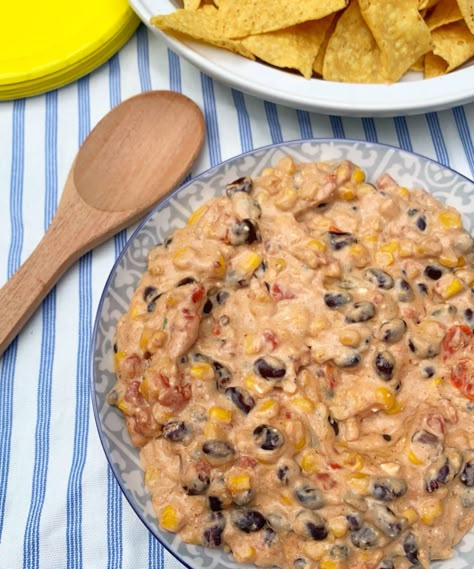 EASY CROCKPOT TACO DIP with black beans and corn - Six Clever Sisters Black Bean Cream Cheese Rotel Dip, Dips With Black Beans, Taco Dip With Black Beans, Chicken Taco Dip Crockpot, Taco Dip Crock Pot, Crock Pot Bean Dip, Crockpot Bean Dip, Corn And Black Bean Dip, Crockpot Taco Dip