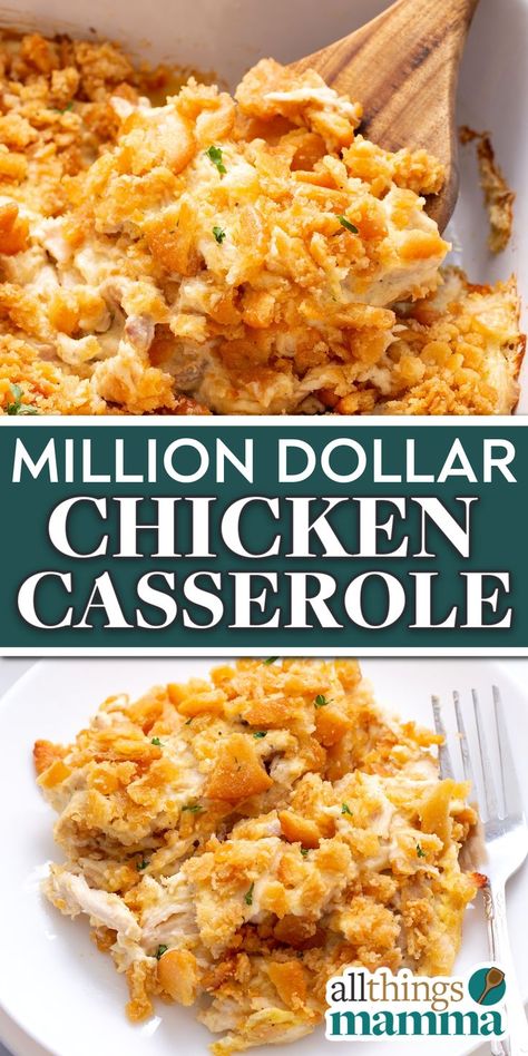 Million Dollar Chicken Casserole collage image pin. Million Dollar Chicken Casserole, Ritz Cracker Topping, Million Dollar Chicken, Ritz Cracker Chicken, Cracker Chicken, Creamy Chicken Casserole, Chicken Casserole Easy, Ritz Cracker, Easy Casserole Recipes