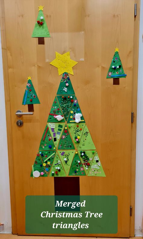 Small decorated triangles merged together to create one big Christmas tree to decorate our cloakroom 😍 Classroom Wall Christmas Tree, Christmas Tree Triangles, Small Decorated Christmas Trees, Triangle Christmas Tree Craft, Christmas Tree Door Classroom, Christmas Tree Classroom Door, Behavioral Health Activities, Christmas Tree Classroom, Triangle Christmas Tree