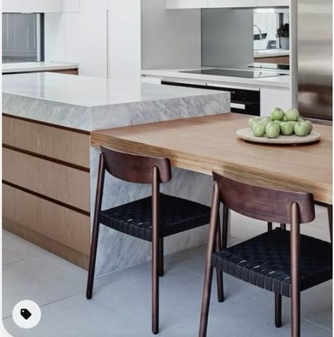 Island Counter With Dining Table, Breakfast Table Design Kitchen Islands, Kitchen Island With Eating Table, Kitchen Peninsula With Table Attached, High Low Island Kitchen, Island Attached To Table, Island Perpendicular To Kitchen, Small Kitchen Island With Table Attached, Island With Dinner Table