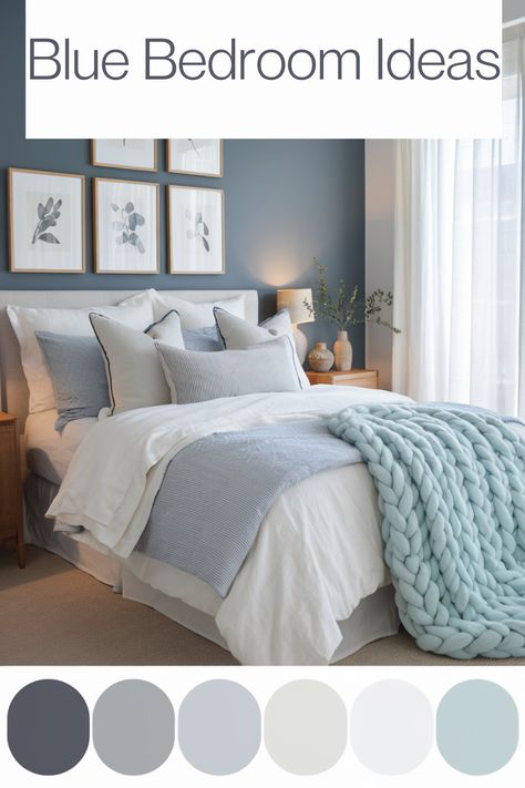 Transform your bedroom with these calming and stylish blue bedroom ideas. From soft bedding to bold walls, discover ways to create a tranquil retreat you'll love. Pale Blue Grey Bedroom, Blue Bedroom Accent Wall Ideas, Light Blue Room With Accent Wall, Powder Blue Bedroom Walls, Guest Room Colorful, Farmhouse Blue Bedroom Ideas, Master Bedrooms Blue Walls, Blue Bedroom Walls Ideas, Blue Master Bedrooms Decor Cozy