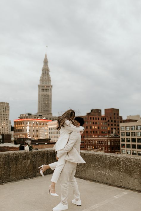 Blazer Engagement Photos, White Pant Suit Engagement Photos, Stylish Engagement Photos, Pant Suit Engagement Photos, White Blazer Engagement Outfit, White Jumpsuit Engagement Photos, White Suit Engagement Photos, Downtown Engagement Photos Outfits, White Engagement Photo Dress