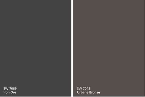 Sherwin Williams Urbane Bronze SW 7048 vs Iron Ore SW 7069 paint colors. #sherwinwilliams #paint #gray #popular #home #ideas Iron Ore Vs Urbane Bronze Sherwin Williams, Sherwin Williams Iron Ore Vs Urbane Bronze, Sherwin William Urban Bronze, Sw Urbane Bronze Front Door, Sherwin Williams Bronze Colors, Urban Bronze Front Door Color, Urbane Bronze Sherwin Williams Front Door, Urban Bronze Paint Color, Sherman Williams Urban Bronze