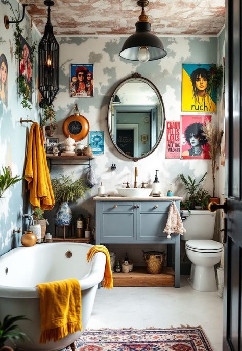 Boho Bathroom Ideas Vintage Boho Bathroom Ideas, Vintage Boho Bathroom, Indie Bathroom, Quirky Bathroom Ideas, Boho Chic Bathroom, Maximalist Boho, Tranquil Bathroom, Quirky Accessories, Quirky Bathroom