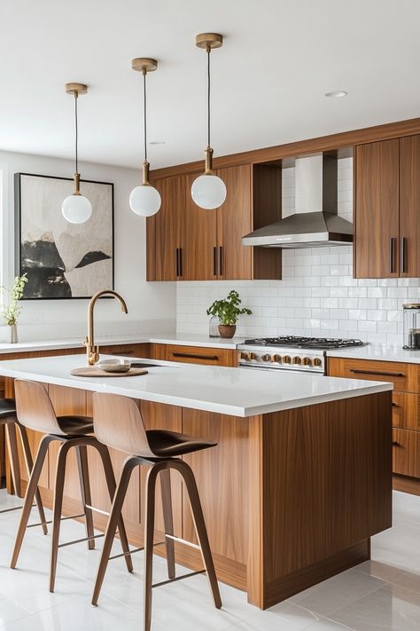 Shaker Modern Kitchen, Mid Century Modern Ceiling Design, Midcentury Kitchen Ideas, Adu Kitchen Ideas, Walnut Island Kitchen, Mid Century Island, Moody Mcm, Kitchen Design Apartment, Midcentury Kitchen Remodel