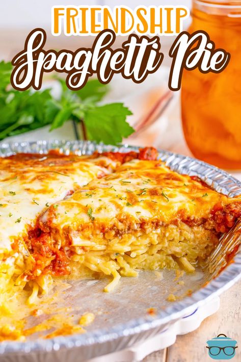 Friendship Spaghetti Pie is a creamy baked spaghetti that is not only yummy but it makes two meals. Make one and share one (or freeze for later!) Pie Plate Recipes, Spaghetti Pie Recipe Easy, Creamy Baked Spaghetti, Spaghetti Pie Recipe, Baked Spaghetti Pie, Meal Train Ideas, Spaghetti Pie Recipes, Plate Of Spaghetti, Fill Your Freezer