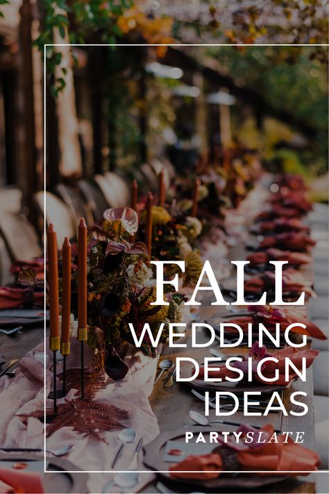 Fall wedding season is right around the corner. Check out these 12 design and décor ideas to make your autumn wedding one to remember. Autumn Wedding Table Runner, Fall Wedding Themes Ideas, Elegant Autumn Wedding Decor, Unique Fall Wedding Decor, Fall Wedding Florals Centerpiece Ideas, Wedding Decoration Autumn, Glamorous Fall Wedding, Autumn Wedding Ceremony Decor, Fall Wedding Tablescapes Round Tables