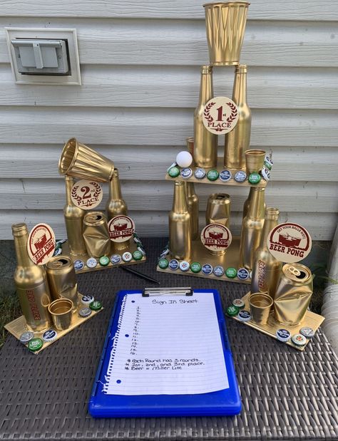 His And Her Party Ideas, Beer Pong Party Ideas, Beer Pong Tournament Ideas, Drinking Yard Games, Beer Pong Trophy Diy, Beer Olympics Trophy Diy, Drink Olympics Games, Beer Olympic Trophies, Beer Olympics Prizes