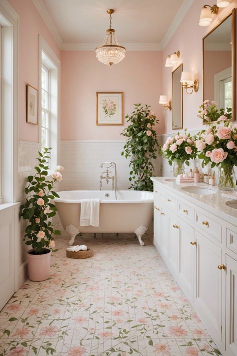 Cute Bathroom With Bathtub, Floral Tile Bathroom, Baby Girl Bathroom, English Country Bathroom, Girly Interior, Green And Pink Bathroom, Coquette House, Shabby Chic Bathroom Accessories, Princess Bathroom