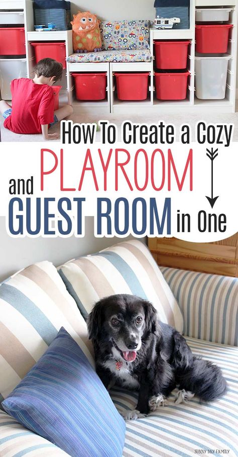 Want to maximize your space? Combine your playroom and guest room in one! It’s easy to do with smart storage solutions and pieces that do double duty. Make it cozy for kids, comfy for guests, and a place everyone will love with these tips. AD Small Family Room Dining Room Combo, Guest Bedroom Playroom Combo Ideas, Guest Bedroom Family Room Combo, Small Playroom Guest Room Combo, Guest Bedroom For Grandkids, Playroom And Guest Room Combo Ideas, Family Guest Room, Toy Room Guest Room Combo, Guest Room For Grandkids