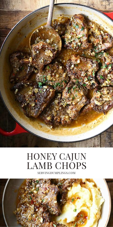 Honey Cajun Lamb Chops Chopped Recipes Food Network, Lamb Meals Dinners, Lamb Chops Sauce, Recipes For Lamb Chops, Lamb Chop Loin Recipes, Honey Garlic Lamb Chops, Bone In Lamb Chop Recipes, Braised Lamb Chops Recipe, Lamb Chop Recipes Pan Seared