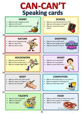 Can/Can't - Speaking cards Speaking Cards For Beginners, Speaking Activities Esl, Speaking Activities English, Speaking Cards, Grammar For Kids, English Teaching Materials, Esl Vocabulary, English Activities For Kids, Learning English For Kids