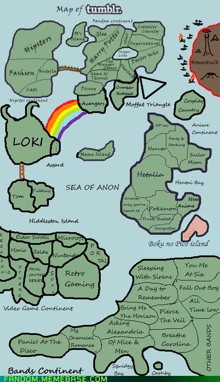 Map of Tumblr This is Brilliant...  I live up in the Fandom Continent, In the country of Doctor Who... quite near the Moffat Triangle in fact. Fandom Crossover, Geek Out, Superwholock, What’s Going On, Homestuck, Tom Hiddleston, Tumblr Funny, Hetalia, Tumblr Posts