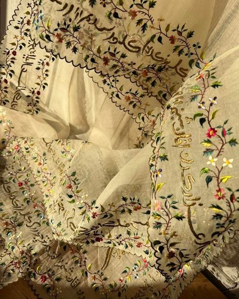 Starched & Crumpled on Instagram: "SOLD🔴 Beautiful late 19th century Ottoman hand embroidered silk organdie wedding shawl /veil, silk floss and gold metallic embroidery on all sides. Scalloped edges. No damage -.excellent condition. It measures 50cms x 245cms. Ethereal. Swipe for more photos. £420. Comment sold to buy. #antiquetextiles #handembroidery #weddingshawl #weddingveil #ottomantextiles #ottomanembroidery #handembroideredsilk" Dola Silk Embroidered Wedding Fabric, Silk Shawl With Intricate Embroidery, Embroidered Silk Shawl, Unstitched Embroidered Silk Shawl, Embroidered Silk Shawl Scarf, Metallic Embroidery, Wedding Shawl, Scalloped Edges, Antique Textiles