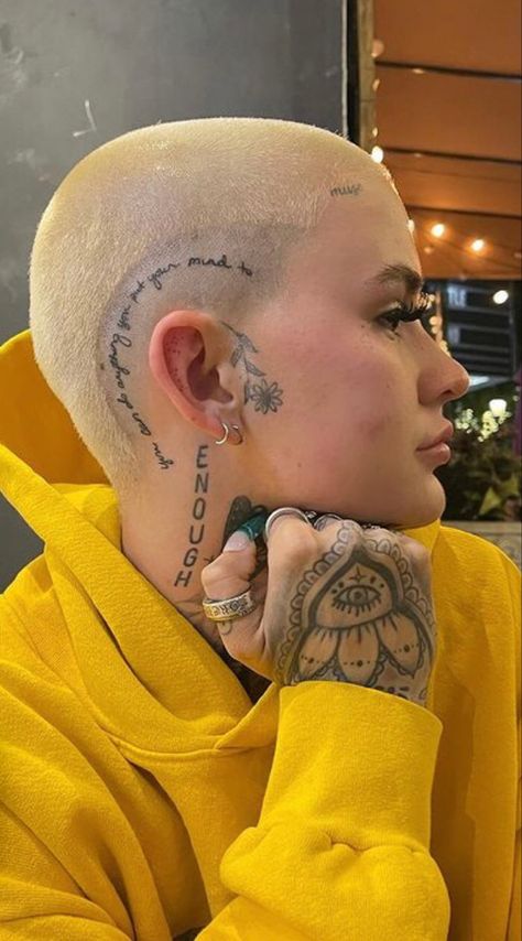 Scalp Tattoo, Pixie Haircut Fine Hair, Short Shaved Hairstyles, Shaved Hair Designs, Shaved Head Women, Buzzed Hair, Bald Girl, Bald Hair, Bald Women