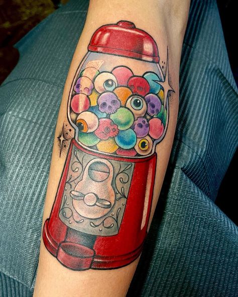 Bubble Gum Machine Tattoo, American Traditional Tattoos With Meaning, Get What You Get Tattoo Gumball Machine, Claw Machine Tattoo, Gumball Machine Tattoo, Gumball Machine Art, Bus Tattoo, Tattoo Ideas Hippie, Groovy Tattoo