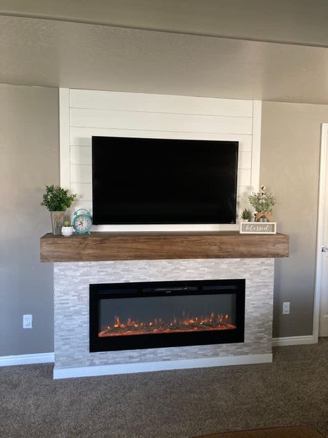 Check this out! Diy Tv Wall Ideas With Fireplace, Electric Fireplace With Vaulted Ceiling, Tv Mantel Ideas, Building A Fireplace Wall, Fireplace Tv Wall Built Ins Small Space, Wrap Around Fireplace Mantels, Fireplace Tv Wall Decor Living Rooms, Electric Fireplace Basement Ideas, Diy Fireplace Tv Wall Bedroom