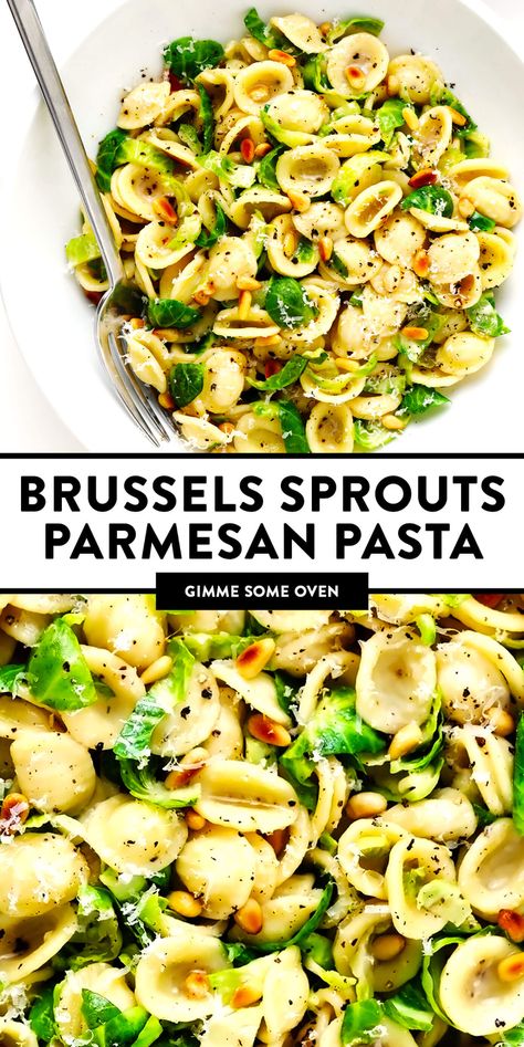 Brussel Sprout Risotto, Dinner Ideas With Brussel Sprouts, Brussel Sprout Dinner Recipes, Brussel Sprout Pasta, Creamy Parmesan Pasta, Shredded Brussels Sprouts, Black Pepper Sauce, Meatless Dishes, Meatless Dinner