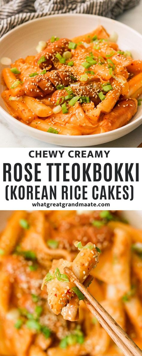 A popular and trendy fusion dish, this Rose Tteokbokki features chewy rice cakes in a creamy, cheesy, and mildly spicy Korean rosé sauce. It’s full of flavor, ready in 30 minutes, and has a dairy free and gluten free option! Tteokbokki Gluten Free, Non Spicy Tteokbokki Recipe, Gluten Free Tteokbokki, Rice Cake Sauce Recipe, Rose Teokkboki Recipes, Tebokkki Recipe, Rose Tteokbokki Recipe, How To Make Rice Cakes, Gluten Free Korean Recipes