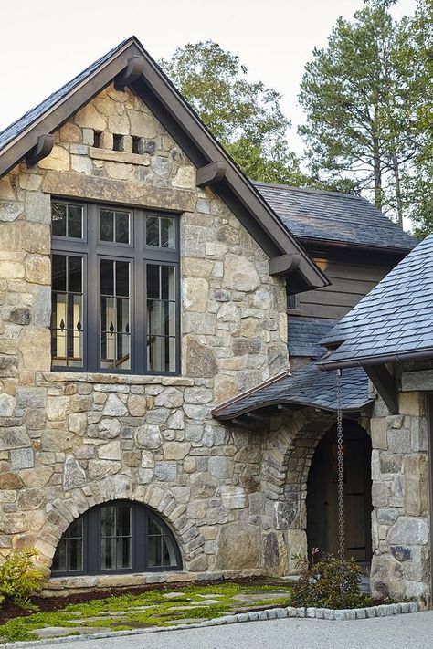 House With Black Windows, Stone Exterior Houses, Lake Houses Exterior, Exterior Houses, Stone Cottages, Stone Interior, Stone Exterior, Home Bunch, Farmhouse Aesthetic