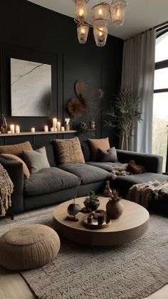 Chic Boho Home Decor, Dark Lounge Room Ideas Cozy, Dark Moody Cabin Interior, Dark And Light Interior Design, Dark Vibe House, Earthy Bohemian Living Room, Mystical Living Room Ideas, Dark Boho Chic Living Room, Dark Neutral Living Room Cozy