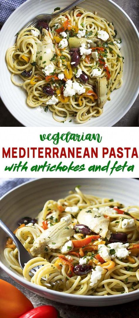 Pasta With Feta, Vegetarian Spaghetti, Resep Pasta, Artichoke Pasta, Mediterranean Pasta, Easy Mediterranean Diet Recipes, Mediterranean Meals, Resep Diet, Vegetarian Pasta