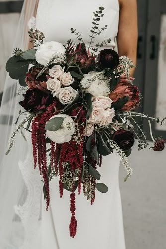 bridal bouquet inspiration | white | cabernet | hunter green | fall tones | cascading bouquet, spray roses |  ranunculus | hanging amaranthus | eucalyptus | scabiosa | veronica | mixed foliage Dark Wedding Theme, Wildflower Bouquets, Cascading Bridal Bouquets, Burgundy Bouquet, Cascading Wedding Bouquets, Winter Wedding Bouquet, Autumn Bride, Dark Wedding, Cascade Bouquet