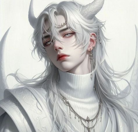 White Demon, Female Demons, Long White Hair, Anime Boy Sketch, Jimin Fanart, Digital Portrait Art, Beautiful Dark Art, Anime Dad