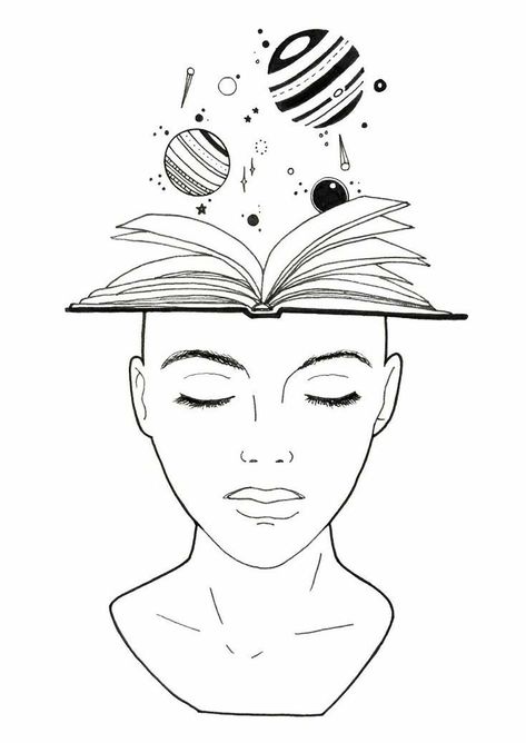 Book Universe Tattoo, Open Book Sketch, Minimal Drawing Ideas, Universe Drawing Ideas, Universe Sketch, Universe Tattoos, Minimal Drawing, Female Face Drawing, Kunst Tattoos