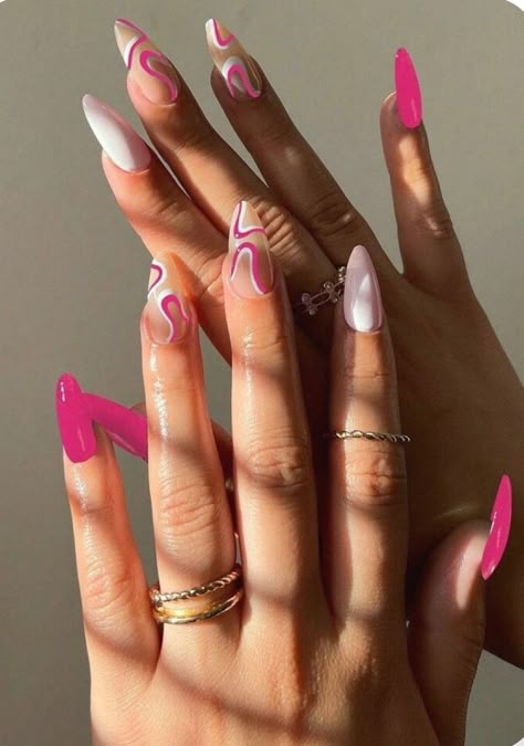 Cute Spring And Summer Nails, Almond Nails Designs Pink And White, White And Colorful Nails, Modern Pink Nails, Simple Cute Acrylics, Pink With Design Nails, Hot Pink Nails Design Ideas, Interesting Nails Ideas, Cute Nail Acrylic Designs