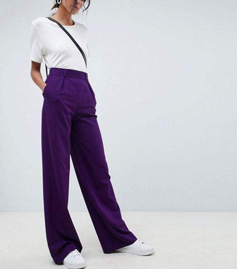 How to Wear Purple Pants—Stylish Outfit Ideas | Who What Wear Purple Trousers Outfit, Purple Pants Outfit, Tall Wide Leg Pants, Colored Pants Outfits, Purple Coat, Purple Jeans, Yellow Pants, Purple Pants, Purple Outfits