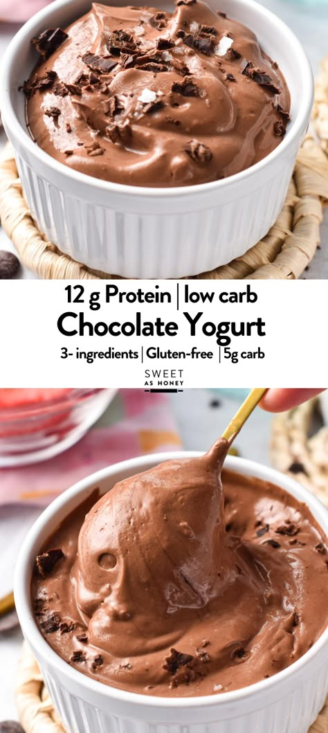 This 3-Ingredient Chocolate Yogurt recipe is the easiest way to enjoy a high-protein dessert that genuinely tastes like chocolate pudding. All you need is 5 minutes to make this easy healthy dessert, and it’s easy to make sugar-free, vegan, and gluten-free. Chocolate Yogurt Recipe, Greek Yogurt Dessert, Healthy Protein Desserts, Protein Dessert, Chocolate Yogurt, Yogurt Dessert, High Protein Desserts, Sugar Free Pudding, Yogurt Recipe