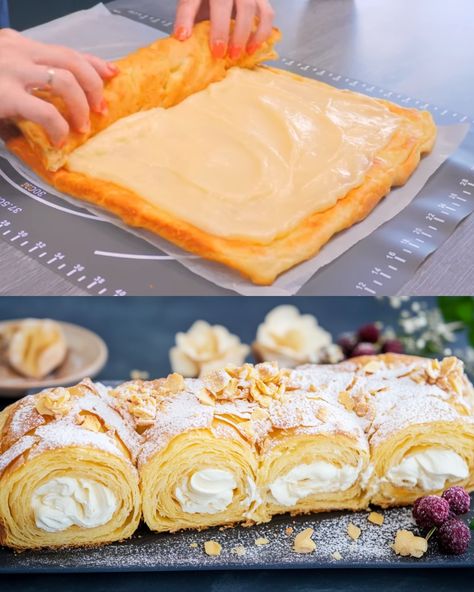 This Lemon Vanilla Puff Pastry Roll is a delightful dessert featuring a creamy, tangy lemon-vanilla filling rolled up in buttery, flaky puff pastry. Perfect for tea time or as a light dessert, this treat is quick and easy to make, yet impressively elegant. Preparation Time Prep Time: 15 minutes Cook Time: 20-25 minutes Total Time: 40 minutes Ingredients (Serves 6-8) For the Roll 1 sheet of puff pastry (approx. 250 g, thawed if frozen) 1 egg, beaten (for egg wash) For the Filling 1 cup (240 ml) m Phylo Pastry Desserts, Puff Pastry Wheels, Puff Pastry Lemon Dessert, Jus Roll Puff Pastry Recipes, Recipes With Phyllo Pastry, Chinese Pastry Recipes, Lemon Puff Pastry Desserts, Quick And Easy Puff Pastry Desserts, Phillo Puff Pastry Recipes Dessert