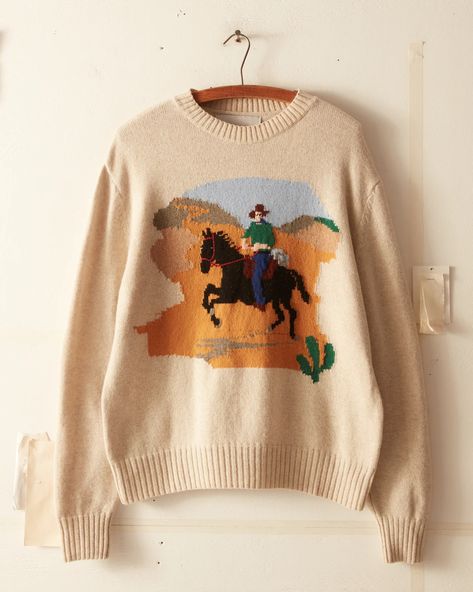 Cowboy Crewneck – BODE Desert Cowboy, Cool Jumpers, Victorian Quilts, Cowboy Design, Unique Sweaters, Antique Fabrics, Bed Linens, Knitwear Men, Wedding Collection