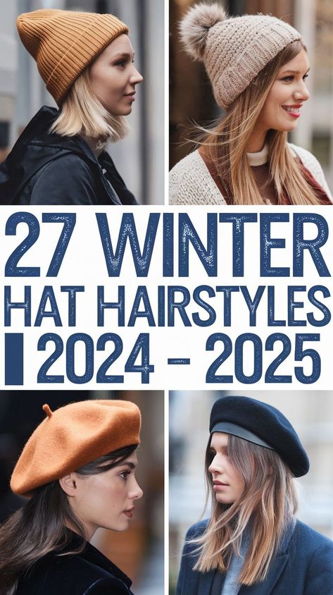 Winter hat hairstyles 2024-2025 offer versatile options for short hair and long hair. Pair a women short hair bob with a baseball cap or trucker hat for a casual, sporty look. Curly hair can be styled into a low bun and worn with a bucket hat or beret for a cute, cozy vibe. These looks are easy to achieve and perfect for cold-weather styling. Cold Weather Headband, Hats On Short Hair Women, Winter Hats Outfits For Women, Short Hair With Winter Hat, How To Wear Winter Hats, Winter Hat Hairstyles Short Hair, Hats For Round Faces Woman, Winter Hats Women, Ball Hat Outfit