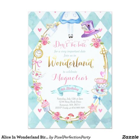 Alice In Wonderland Birthday Invitation Tea Party Alice In Onederland Birthday, Tea Party Baby Shower Invitations, Peach First Birthday, Bunny 1st Birthday, Little Miss Onederful, Alice And Wonderland Tattoos, Miss Onederful, Floral First Birthday, Purple Invitation