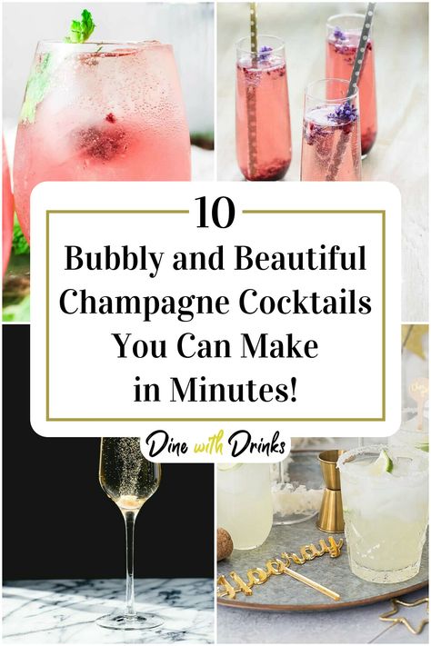 Collage of 4 easy champagne cocktails. Champagne Wedding Drinks, Champagne Party Drinks, Champagne Cocktails Wedding, Champagne Signature Drinks, Bubbly Drinks Recipes, Signature Champagne Cocktail, Fun Champagne Cocktails, Drinks To Make With Champagne, What To Mix With Champagne