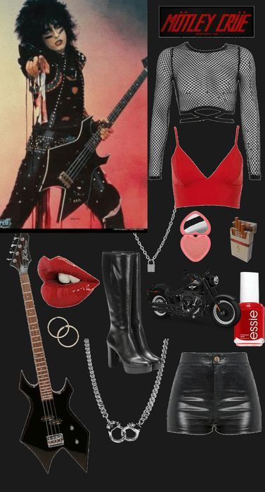 Glam Rock Inspired Outfit, Motley Crue Halloween Costume, Emo Music Festival Outfits, Motley Crue Concert Outfit Ideas, 80s Rock Concert Outfit Ideas, Rock Star Girlfriend Aesthetic Outfits, Motley Crue Inspired Outfit, 80s Outfits Rock And Roll, Motley Crue Outfit Ideas