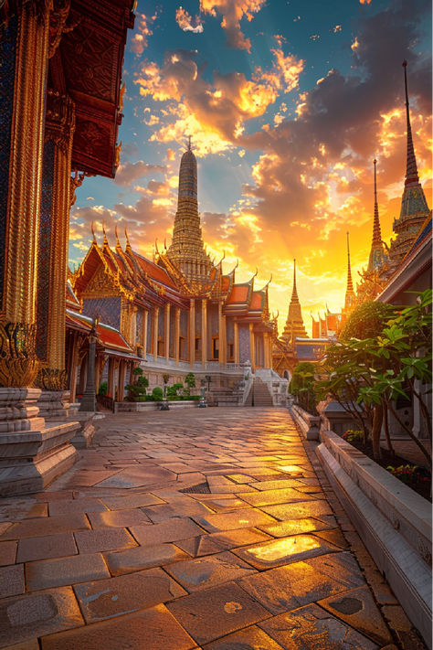 Sunset view of a stunning temple in Thailand, with golden spires and intricate architecture reflecting the warm glow of the setting sun, one of the most beautiful places in Thailand to visit. Thailand Temples Photography, Thailand Places To Visit, Thailand Beautiful Places, Thailand Temples, Thailand City, Phillipines Travel, Places In Thailand, Places To Visit In Thailand, Thailand Places