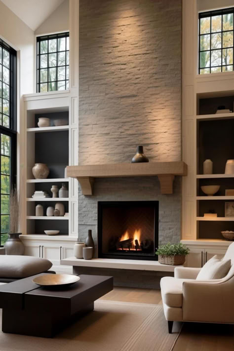 30 Elegant Fireplace with Built Ins on Each Side Inspirations for Luxurious Home Decor Fireplace With Window Above, Chimney Wall Ideas, Tall Fireplace, Cabin Fireplace, High Ceiling Living Room, Fireplace Built Ins, Fireplace Designs, Casa Country, Living Room Decor Fireplace