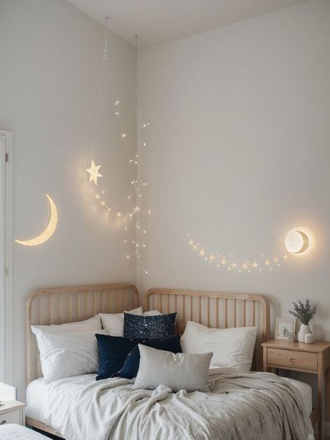 Create a dreamy bedroom aesthetic by incorporating celestial elements like starry string lights, moon-shaped wall decals, and galaxy-themed bedding. Complete the look with a minimalist, space-saving desk and a hanging chair for a cozy reading nook. Bedroom Aesthetic Minimalist, Celestial Bedroom, Starry String Lights, Dreamy Decor, Space Saving Desk, Aesthetic Minimalist, Dreamy Bedrooms, Cozy Reading Nook, Cozy Reading