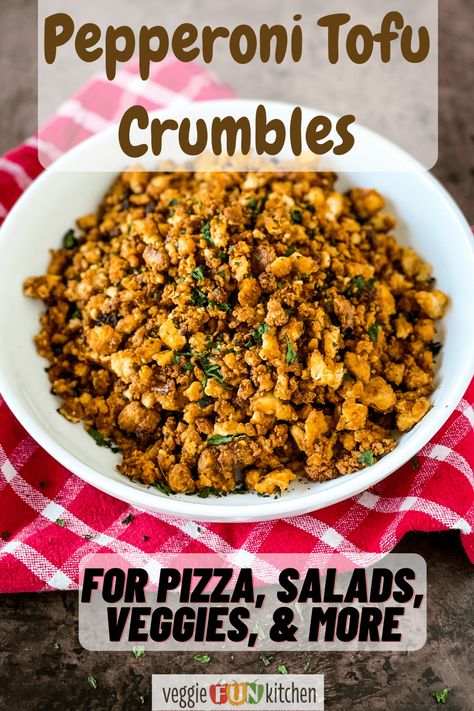 This is the pepperoni tofu crumbles recipe you've been waiting for! A little spicy and seasoned just right, these pepperoni tofu crumbles are perfect on pizza (of course), or sprinkled on salads or veggies like potatoes. Tofu Crumbles, Vegan Pepperoni, Tofu Recipes Vegan, Vegan Tofu, Tofu Dishes, Crumble Recipe, Tasty Vegetarian Recipes, Savory Vegan, Tofu Recipes