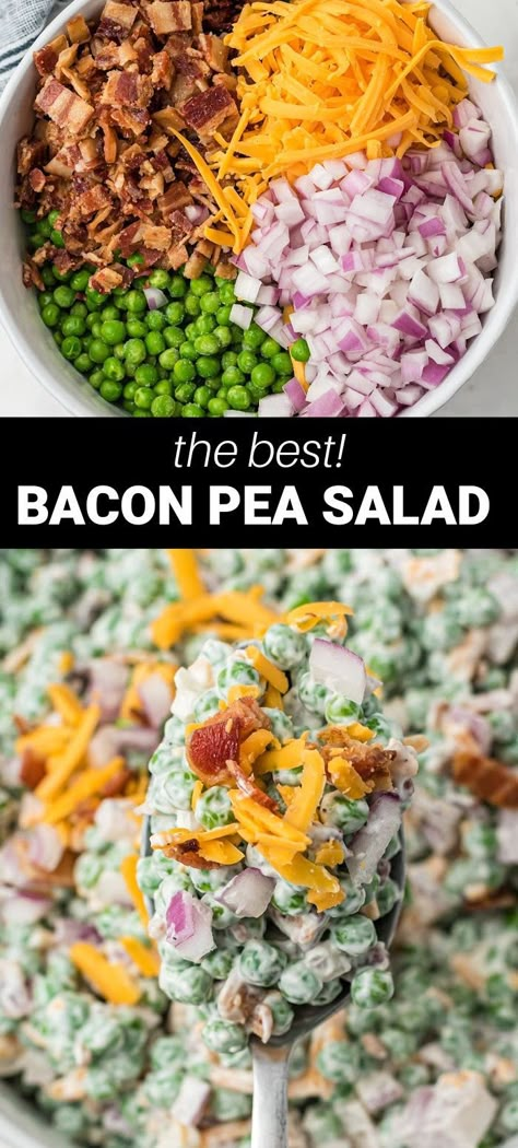 Bacon pea salad in bowl with creamy dressing Best Pea Salad, Creamy Pea Salad, Bacon Pea Salad, Pea Salad With Bacon, Peas Bacon, Easter Salad Recipes, Easter Salad, Pea Salad Recipes, Creamy Peas