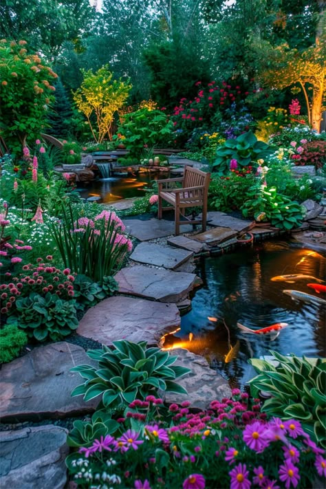 Unique Garden Art Backyards, Beautiful Landscape Design, Backyard Botanical Garden, Garden With Pond Ideas, Dream Garden Fairytale, Backyard With Pond, Pond In Backyard, Fairytale Garden Ideas, Dense Garden